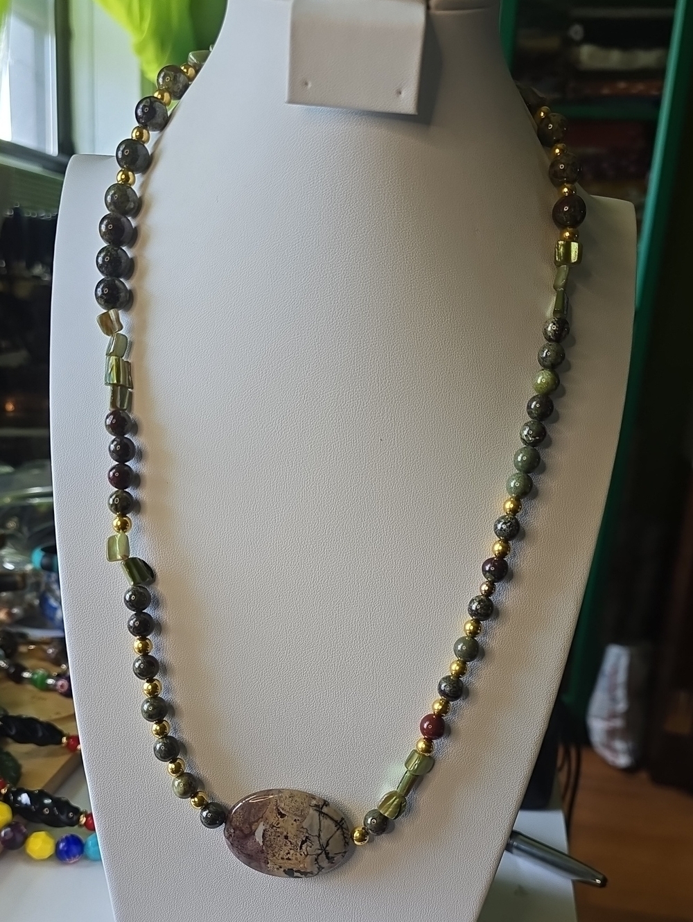 Green and Earth-Tone Beaded Pendant Necklace - Brand